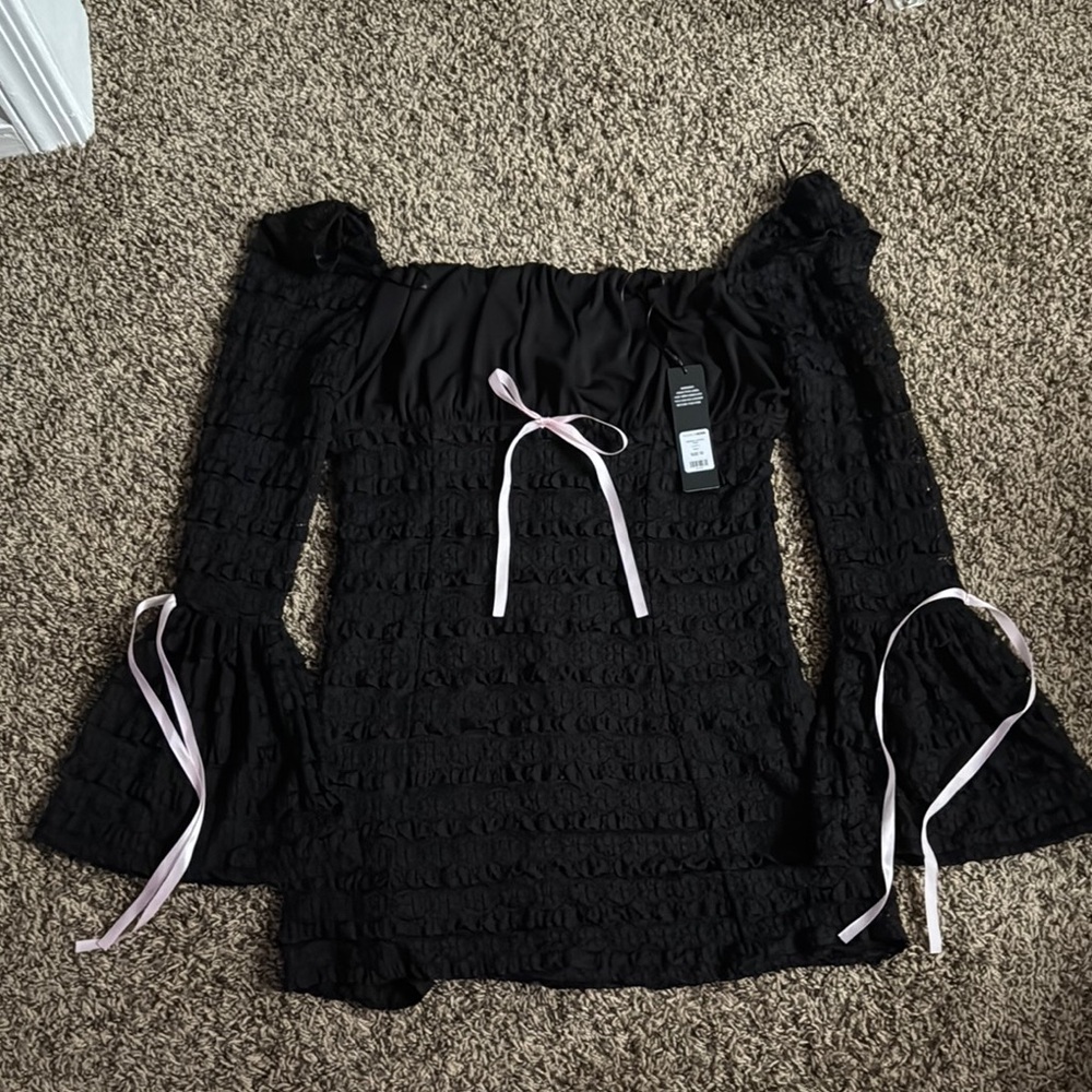 Black Off-Shoulder Dress with Pink Ties
